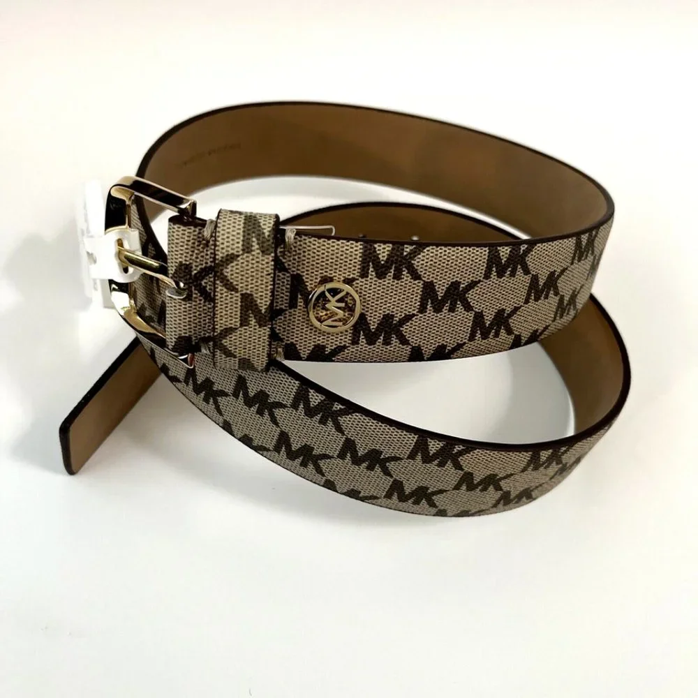 NWT Original MICHAEL KORS Signature Brown Beige Gold Belt 556196C Logo Brand - Picture 2 of 8